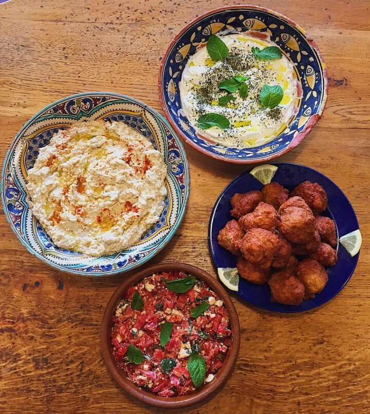 Eggplant caviar (babaghannoozh), falafel, labneh, Bulgaria salad